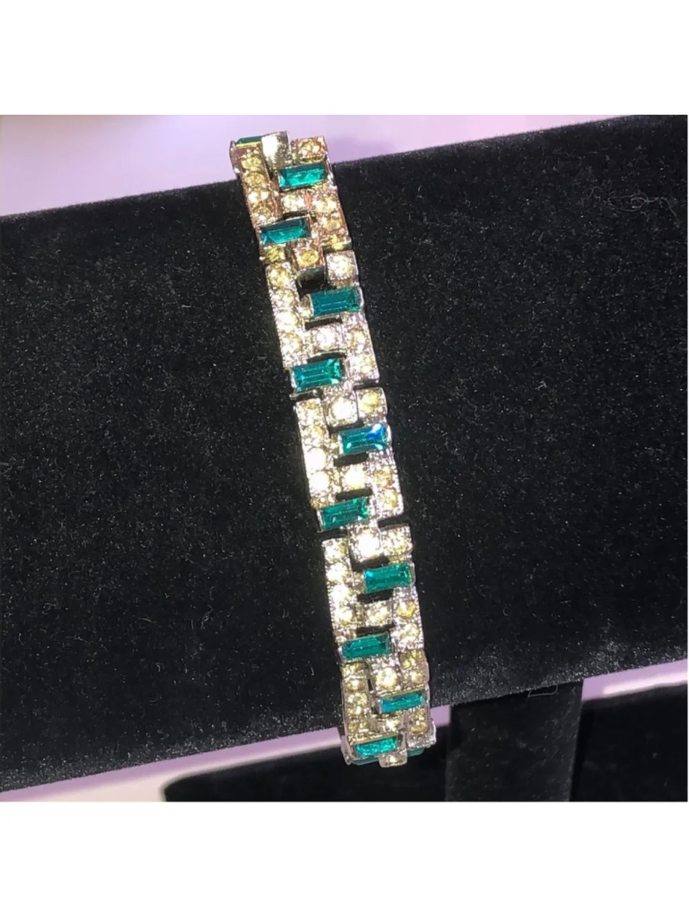 Vintage Silver Tone Green Rhinestone Boho Bracelet - Picture 2 of 8